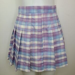 Shein Pastel Plaid Pleated Skirt Lavendar Purple Blue Light Academia Small